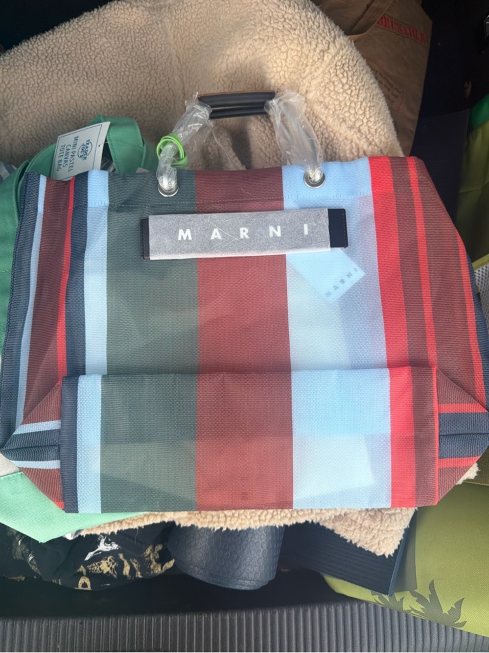 Marni Striped Canvas Tote in Red, Blue, Brown and Gray